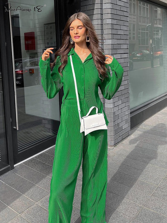 2-teilige Damen-Hosen mit weitem Bein, Anzug und drapiertes Hemd