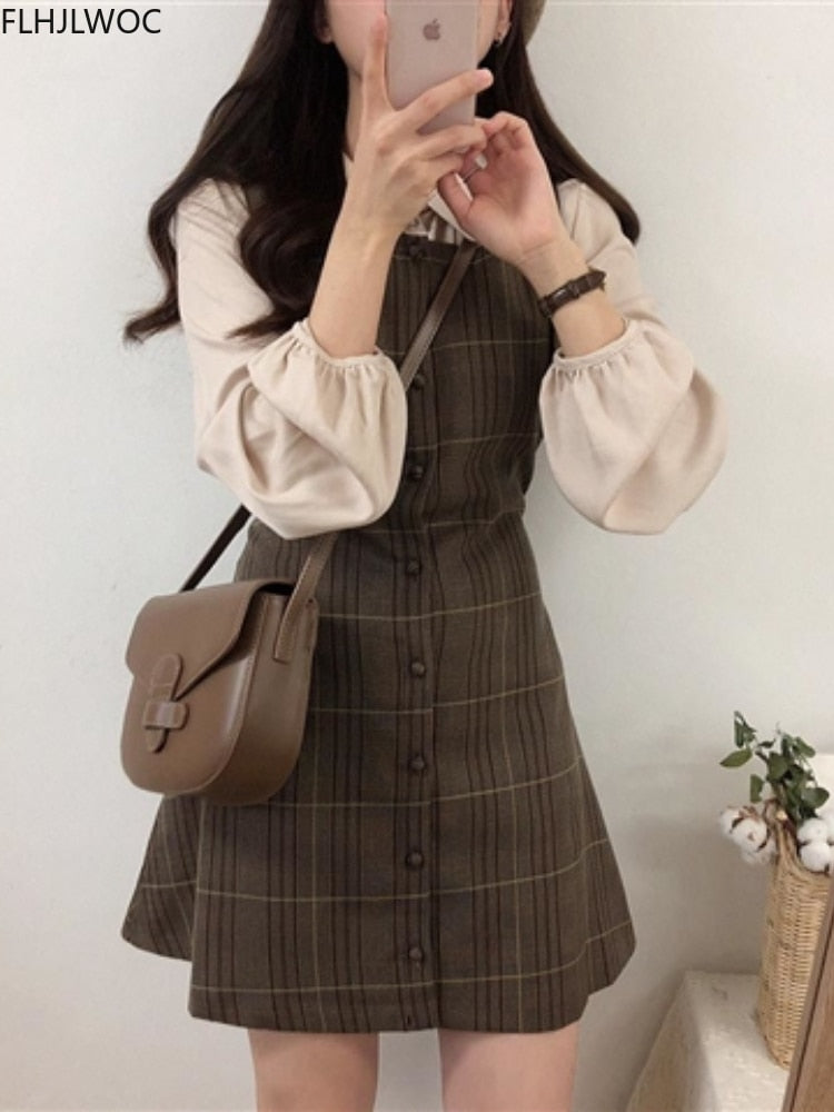 Ärmellose Weste Korea-japanischer Art mit kariertem Knopf Hemd Kleid