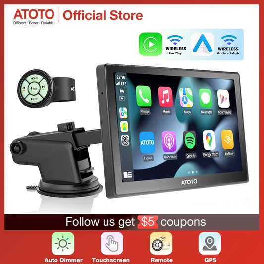 ATOTO P8 RM 7'' Tragbares Autoradio mit Fernbedienung, kabelloses CarPlay, Android Auto QLED, blendunterdrückender Bildschirm, GPS-Autoradio