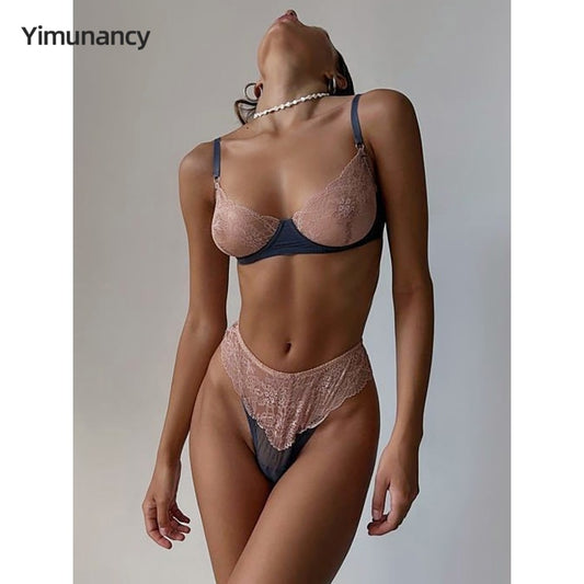 Yimunancy 2-teiliges Spitzen-BH-Set für Damen, Kontrastfarbe, transparent, Vintage-Erotik-Set, Patchwork-Breif-Set