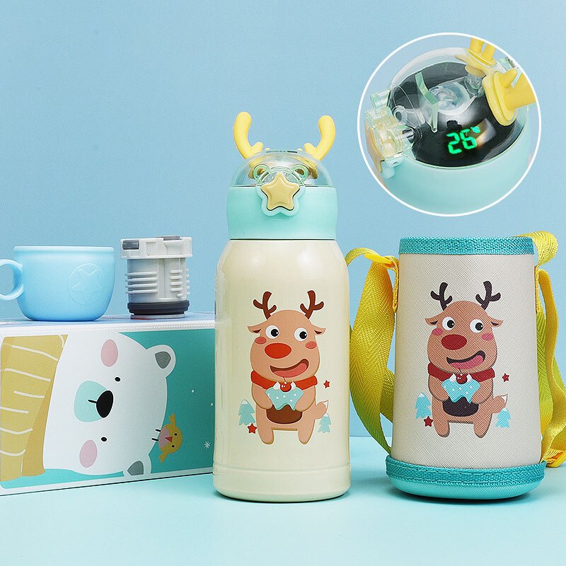 500 ml Cartoon Smart Temperaturanzeige, Thermosbecher Tragbare Pressstroh Stil Wasserflasche, Hält 24 Stunden warm und kalt für Babys