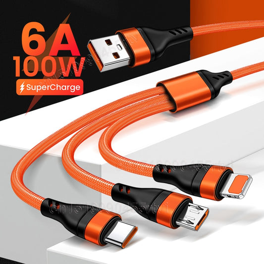 6A 3-in-1 SuperCharging-Kabel Micro-USB-Typ-C, Schnellladegerät Micro-USB-Typ-C-Datenkabel für iPhone 14, 13 Samsung Xiaomi, Huawei