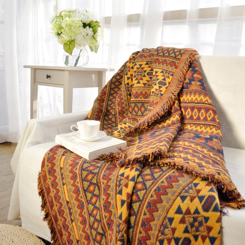 Sofa-Überwurfdecke im europäischen Stil, Baumwollfaden, gestrickte Decke mit Quastengeometrie