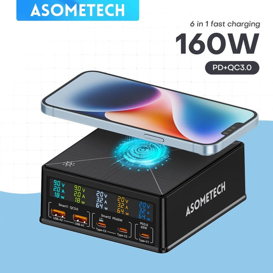 160W 5Port Ladestation USB-C PD65W QC3.0 Schnellladegerät mit separatem Display, 15W kabelloses Ladegerät für iPhone & Smartphone
