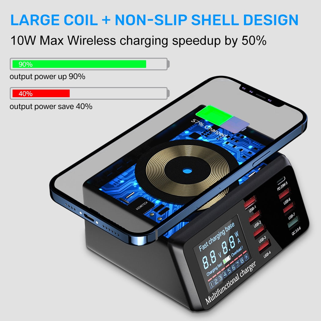 100 W Multi-USB-Drahtloses Ladegerät, HUB Schnellladung 3 Typ C PD Schnellladegerät