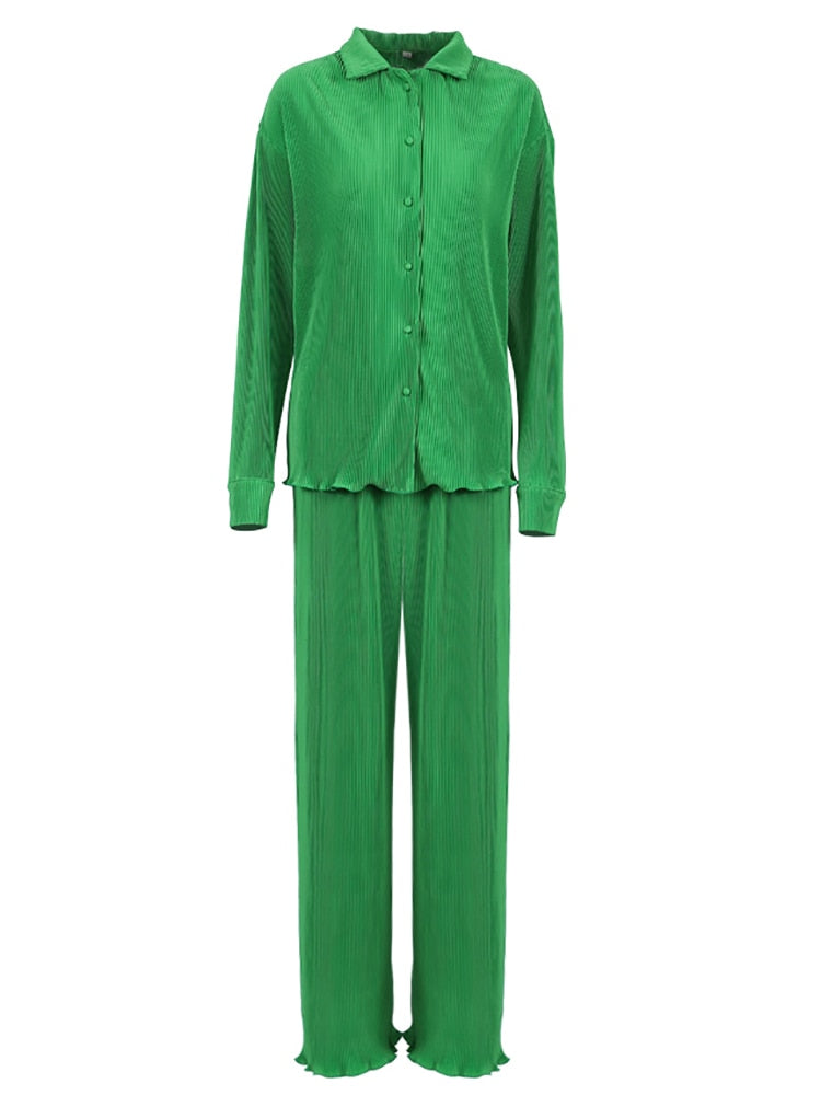 2-teilige Damen-Hosen mit weitem Bein, Anzug und drapiertes Hemd