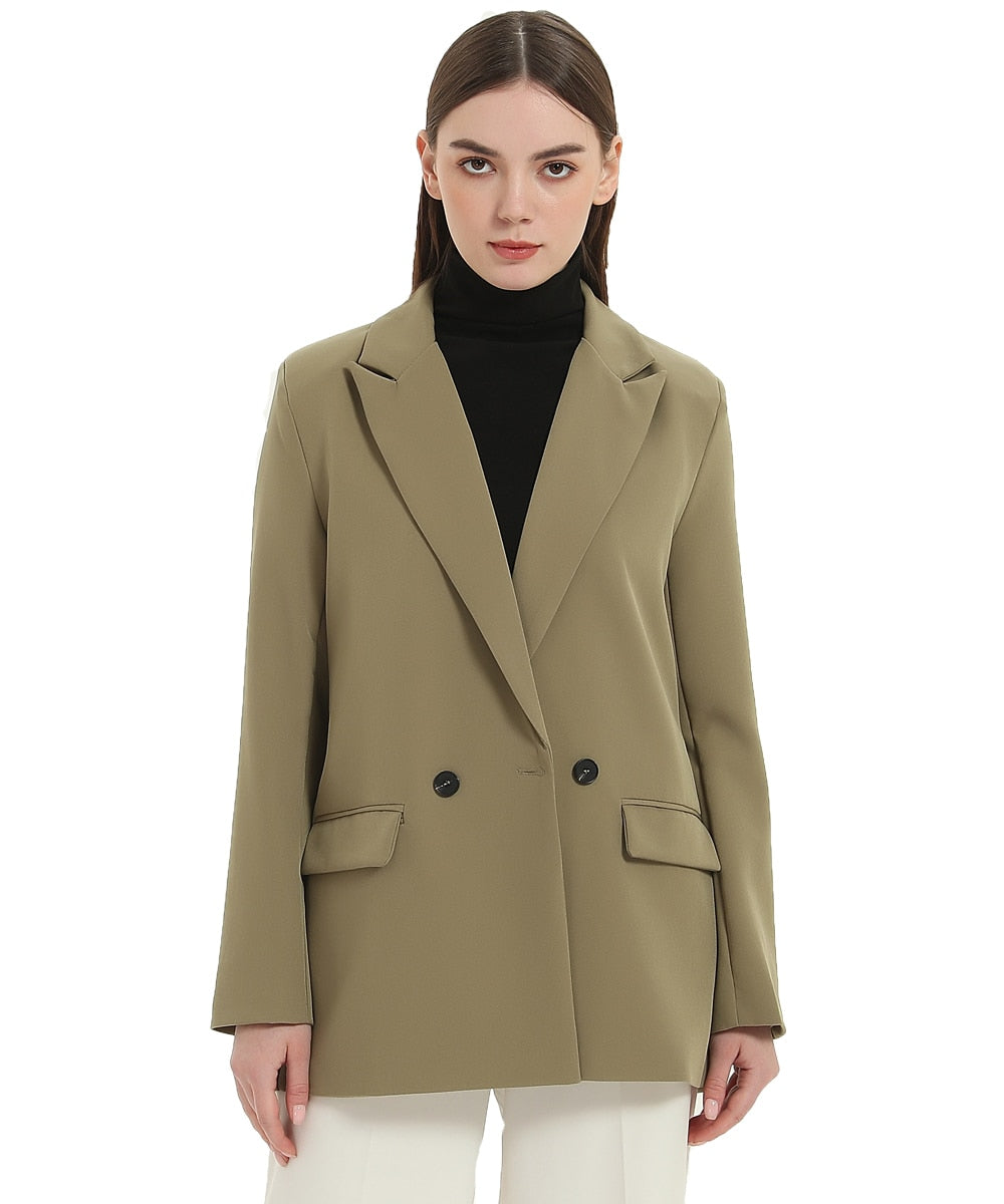 Herbst- und Frühlings-Blazerjacke für Damen, lässiger, einfarbiger, zweireihiger, dekorativer Mantel mit Taschen