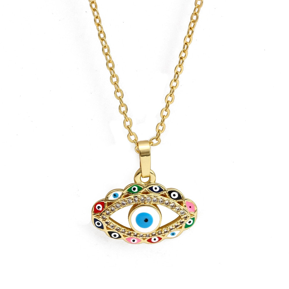 Lucky Eye Eulenherz Fatima Handpantoffeln Türkischer Böser Blick Anhänger Halskette Kupfer Goldfarbe, Langkettige Halskette für Frauen BE132