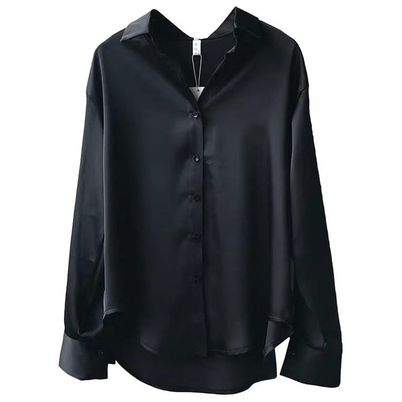 Herbst Seidenhemd Vintage Bluse für Damen, Lange Ärmel Weibliche Lose Hemden