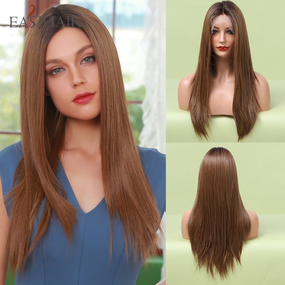 EASIHAIR Gerade Blonde Spitze Front Synthetische Perücken mit Baby Haar, Lange Frauen Spitze Perücken   Hitzebeständig