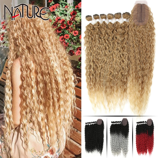 7 Stück / Lot Curly Hair Bundles mit Verschluss, Synthetische Hair-extensions