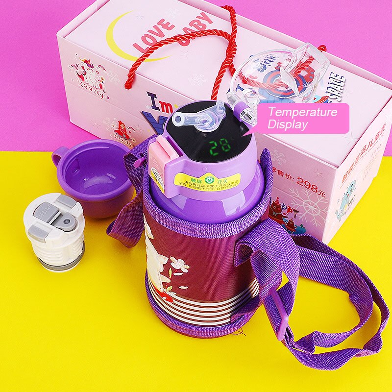 500 ml Cartoon Smart Temperaturanzeige, Thermosbecher Tragbare Pressstroh Stil Wasserflasche, Hält 24 Stunden warm und kalt für Babys