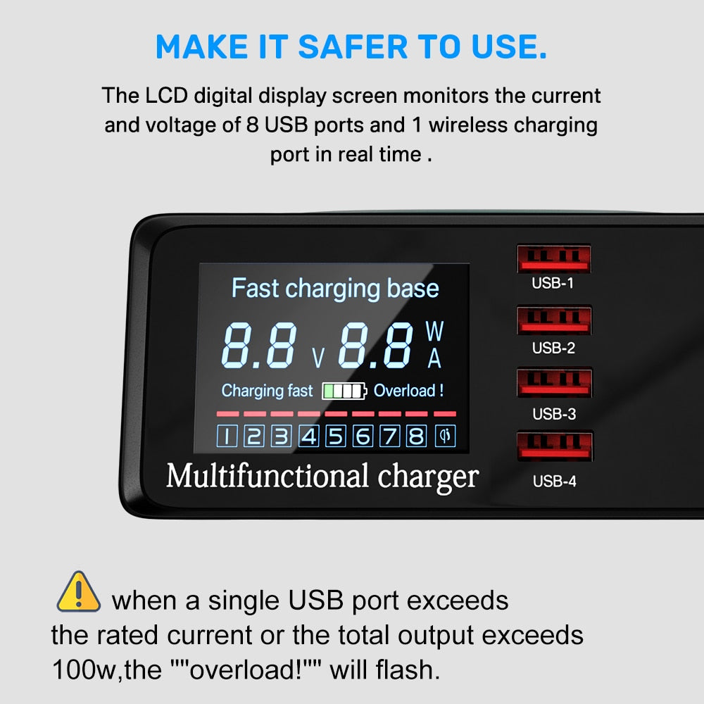100 W Multi-USB-Drahtloses Ladegerät, HUB Schnellladung 3 Typ C PD Schnellladegerät