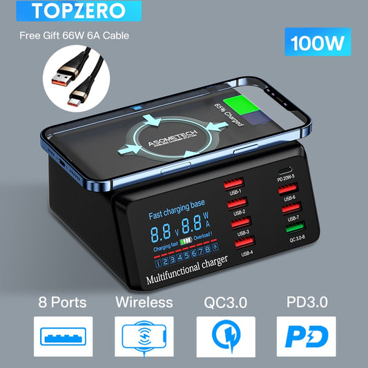 100 W Multi-USB-Drahtloses Ladegerät, HUB Schnellladung 3 Typ C PD Schnellladegerät