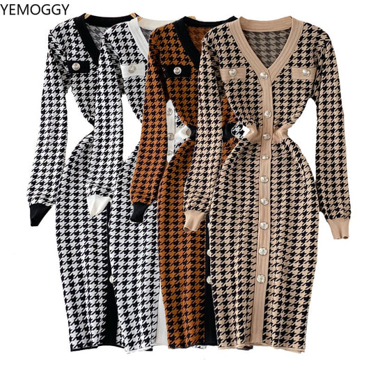 Elegante gestricktes Büro Damenkleid mit V-Ausschnitt