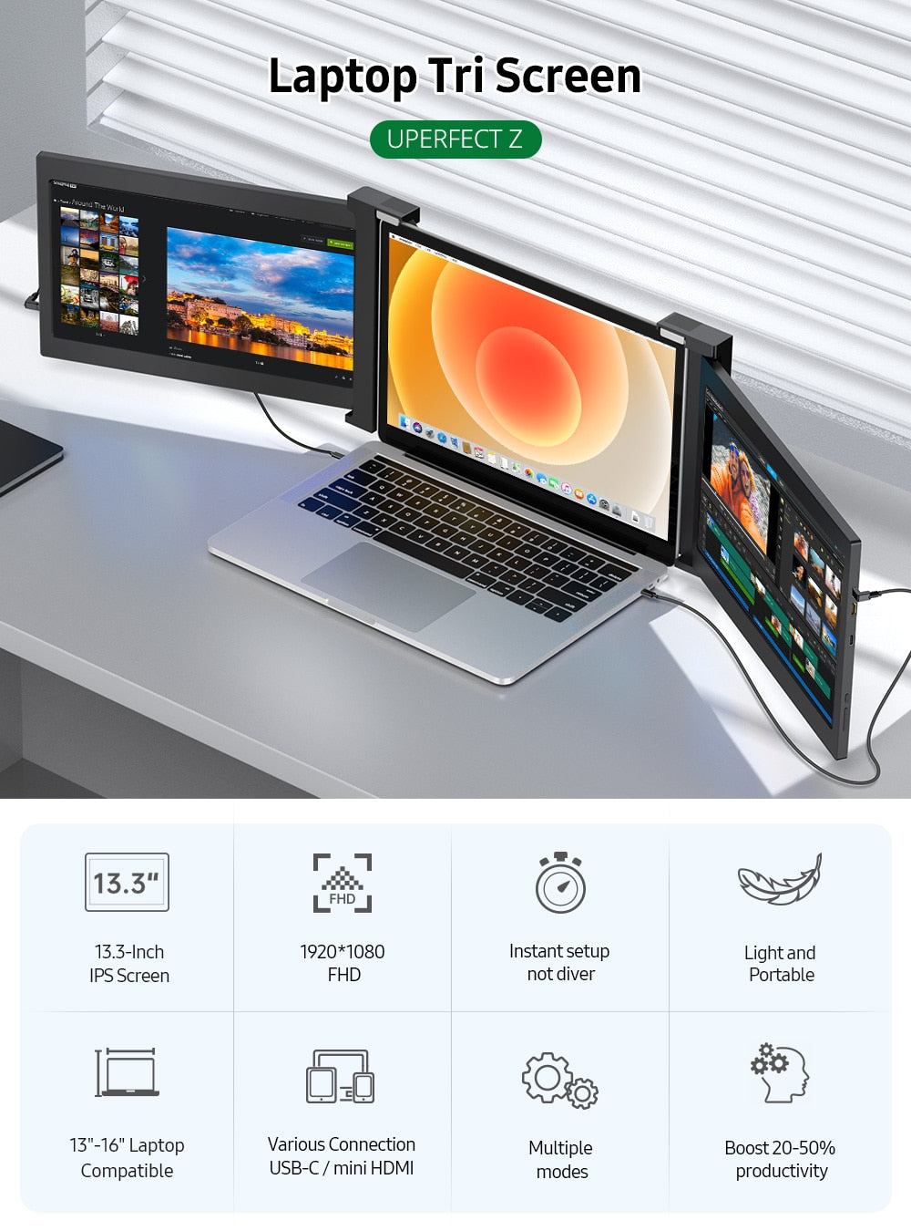 Neu UPERFECT Z 13.3 Zoll & quot; Triple Portable Monitor für Laptop Full HD IPS 1080P