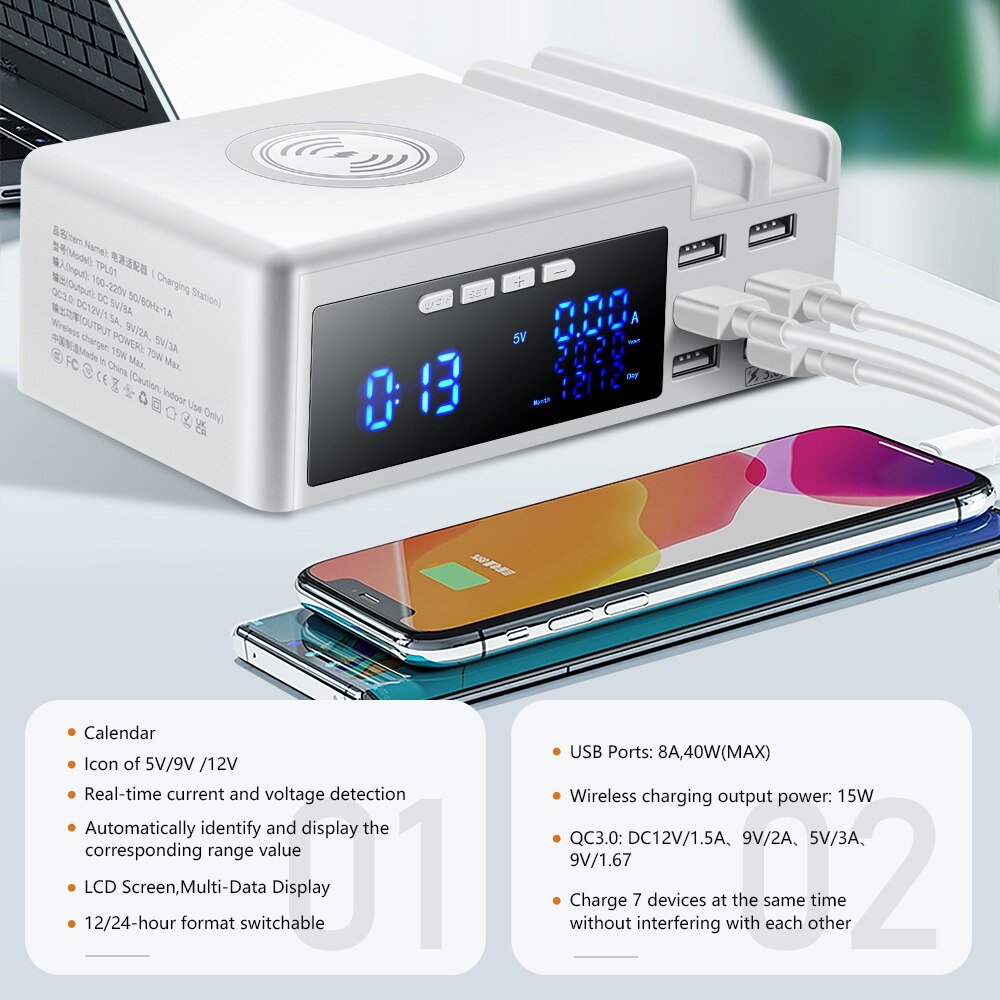 6 Ports QC3.0 USB Ladegerät mit LCD Display Ladestation, Wireless Charger, Schnellladeadapter für iPhone Xiaomi Huawei