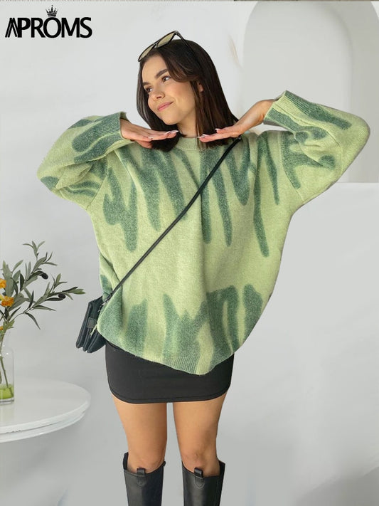 Elegant Grün Gestreift Print Pullover für Frauen