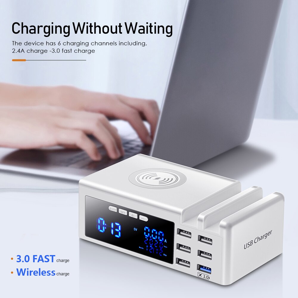 6 Ports QC3.0 USB Ladegerät mit LCD Display Ladestation, Wireless Charger, Schnellladeadapter für iPhone Xiaomi Huawei