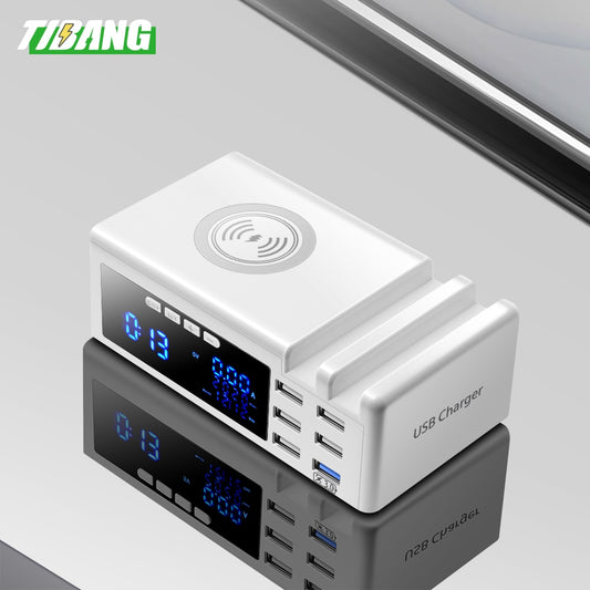 6 Ports QC3.0 USB Ladegerät mit LCD Display Ladestation, Wireless Charger, Schnellladeadapter für iPhone Xiaomi Huawei