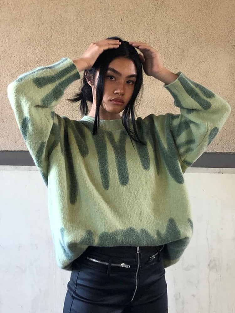 Elegant Grün Gestreift Print Pullover für Frauen