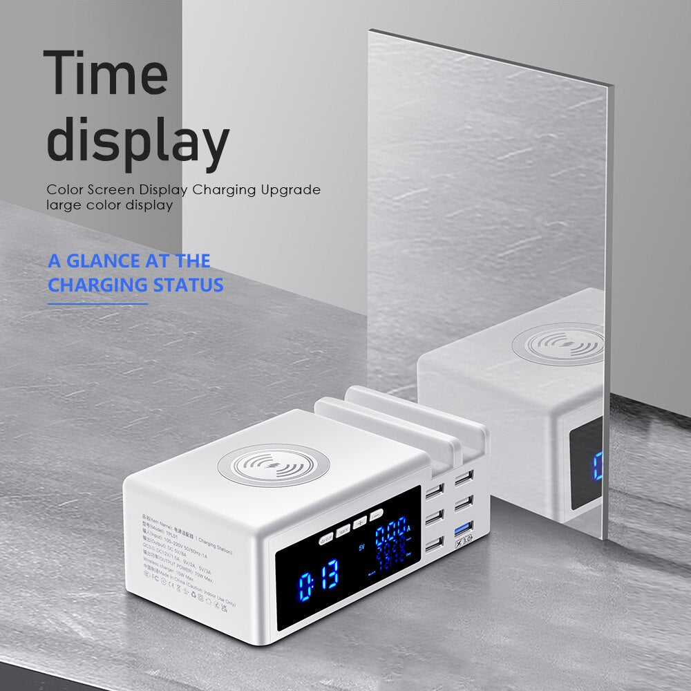 6 Ports QC3.0 USB Ladegerät mit LCD Display Ladestation, Wireless Charger, Schnellladeadapter für iPhone Xiaomi Huawei
