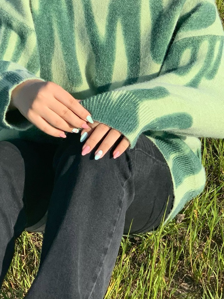 Elegant Grün Gestreift Print Pullover für Frauen