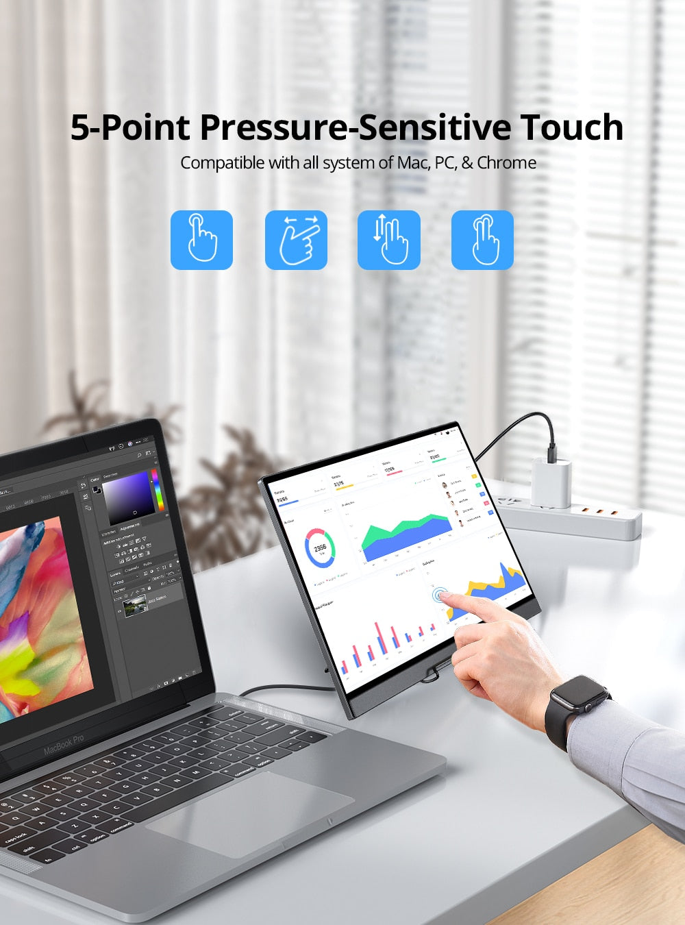 Tragbarer 13,3-Zoll-HDR-1080P-IPS-Monitor mit VESA-HDMI-VGA-DVI-Industrieeingang, 1000:1-Kontrastverhältnis, IPS-Touch-Display