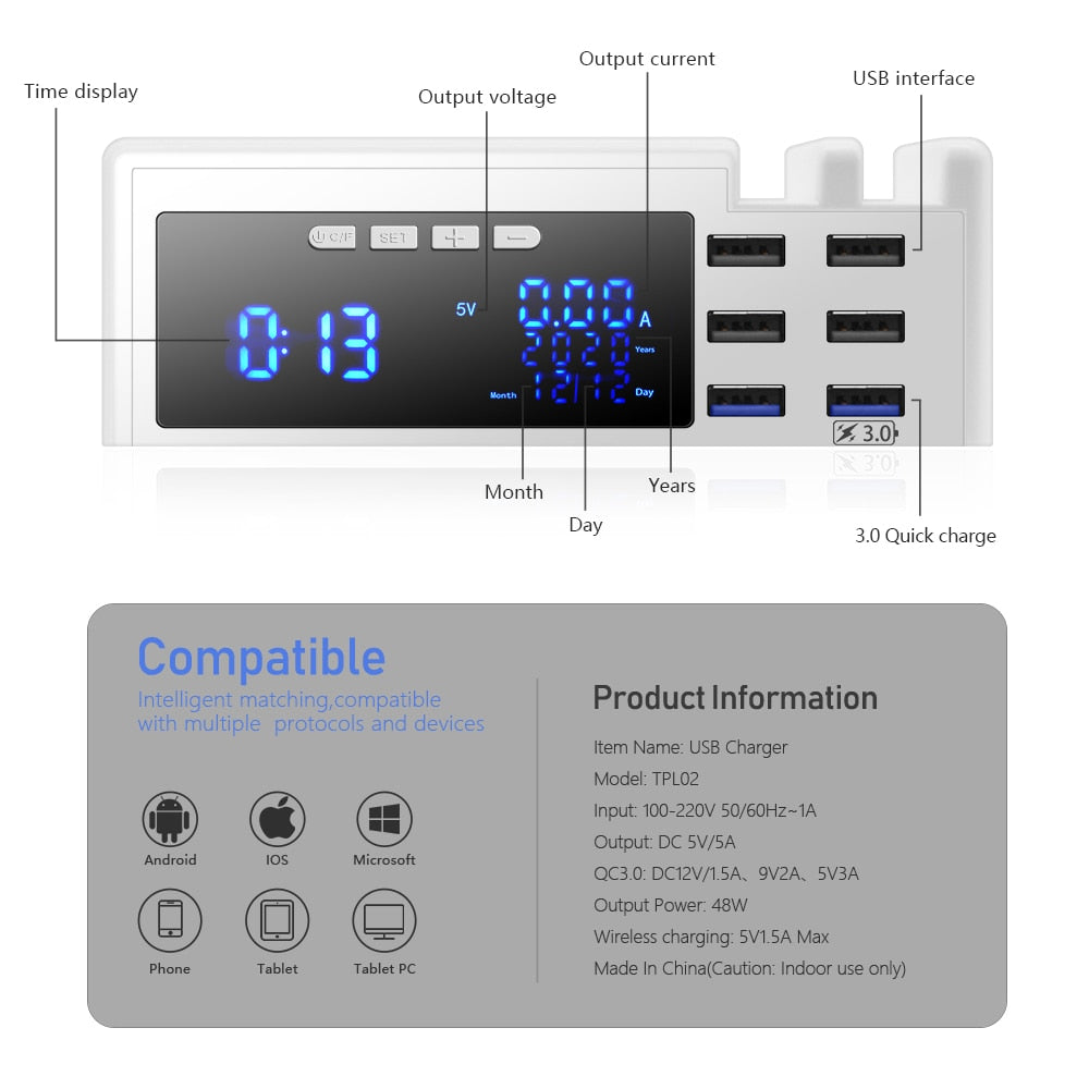 6 Ports QC3.0 USB Ladegerät mit LCD Display Ladestation, Wireless Charger, Schnellladeadapter für iPhone Xiaomi Huawei